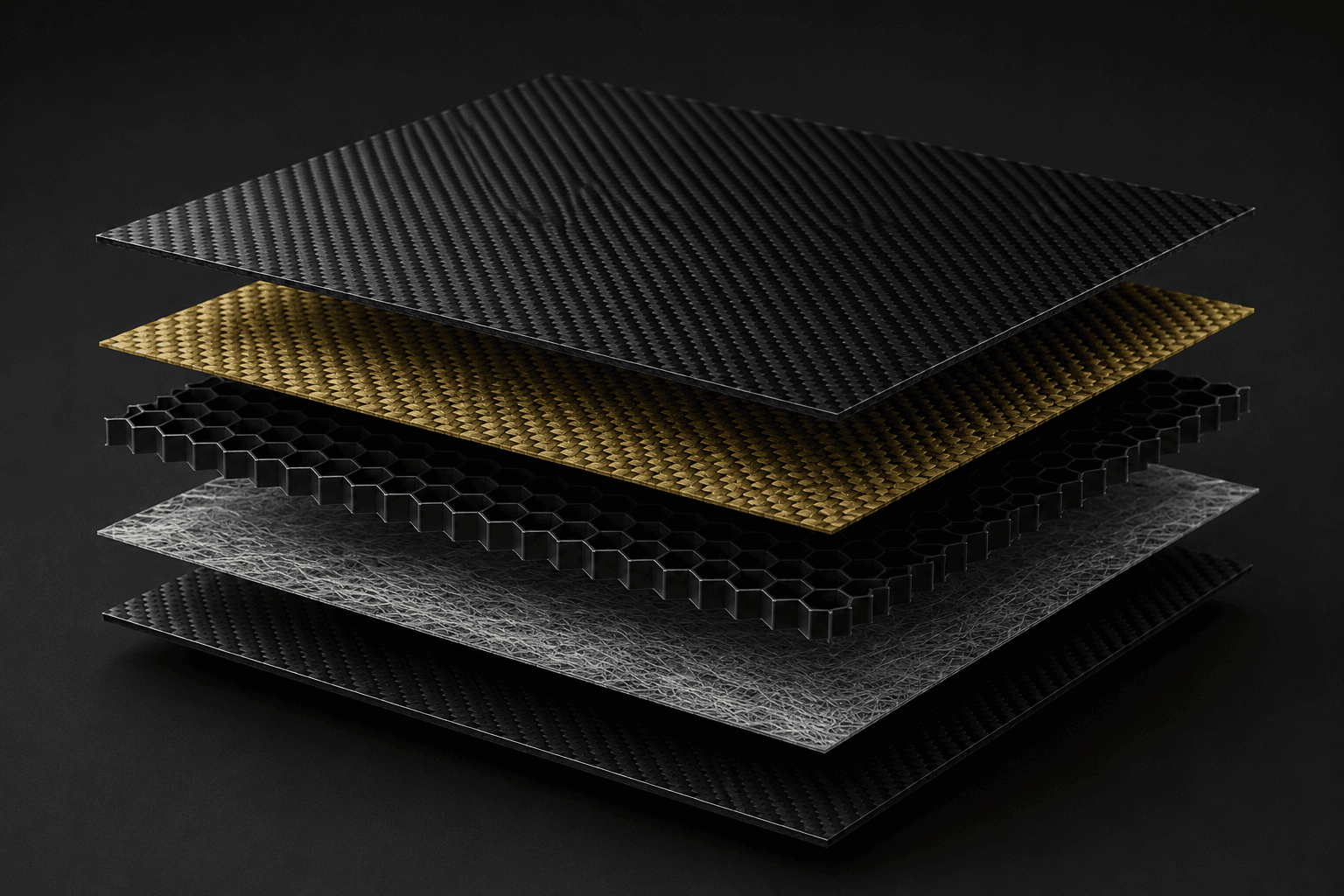 Exploded view of a layered carbon composite structure with honeycomb core