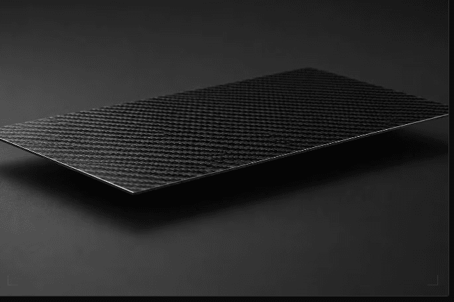 Flat woven carbon fiber sheet on a dark surface
