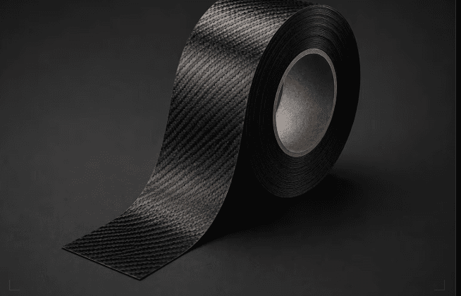 Roll of woven carbon fiber tape unspooling on a dark surface