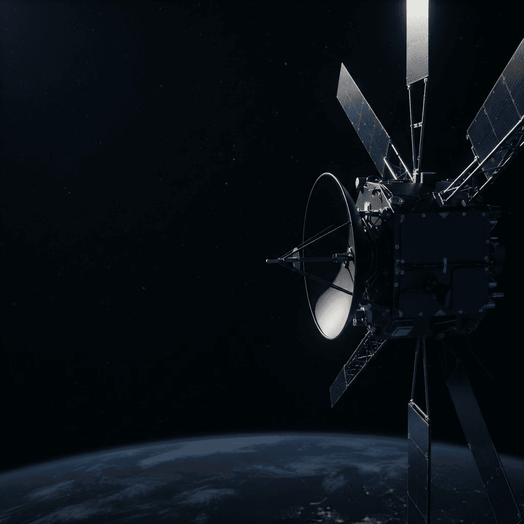 Satellite with slender dark carbon composite panels and booms against deep space, Earth limb below