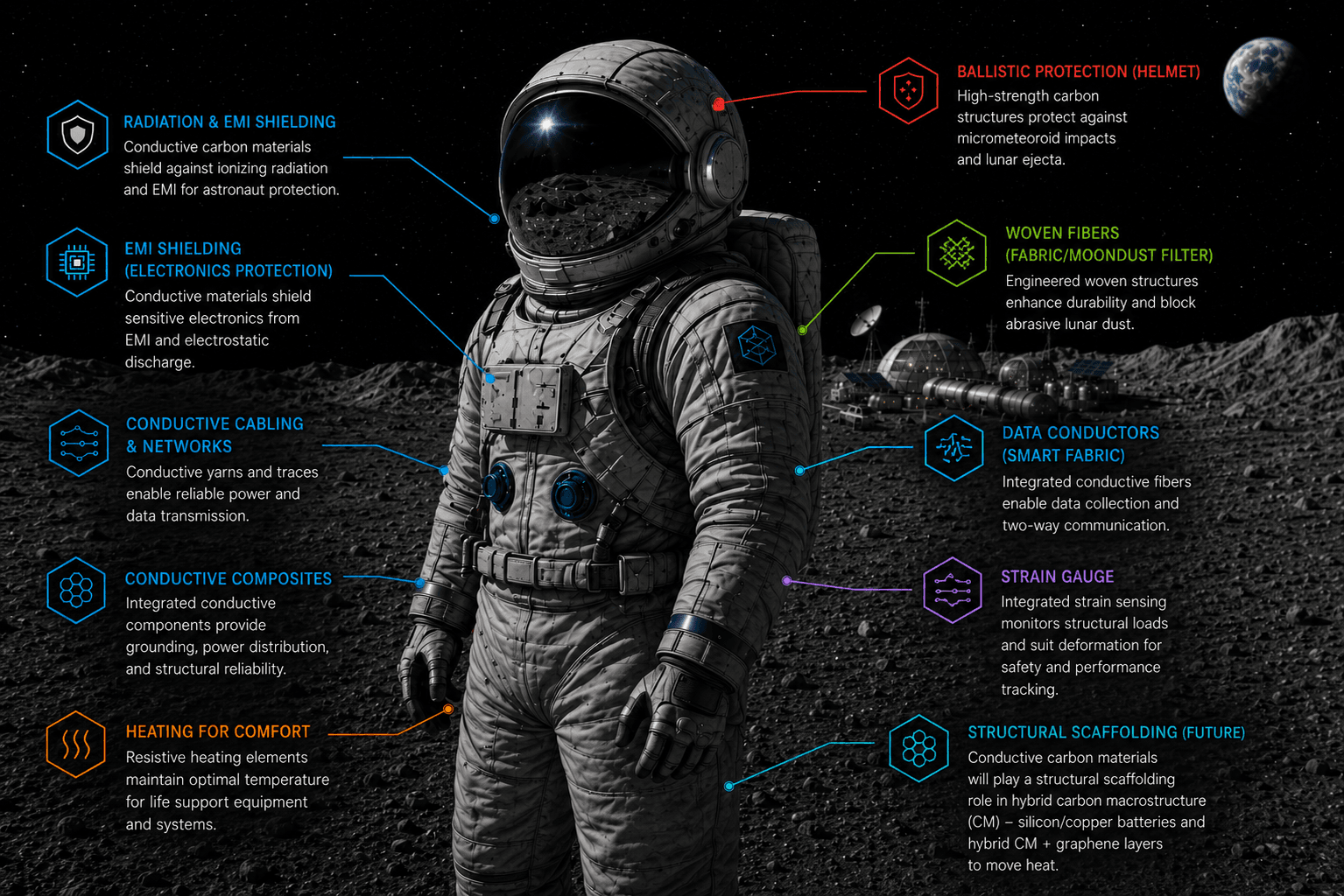 Spacesuit infographic with Darwin material callouts across radiation and EMI shielding, conductive cabling, heating, ballistic protection, moondust filtration, smart-fabric data conductors and structural scaffolding.